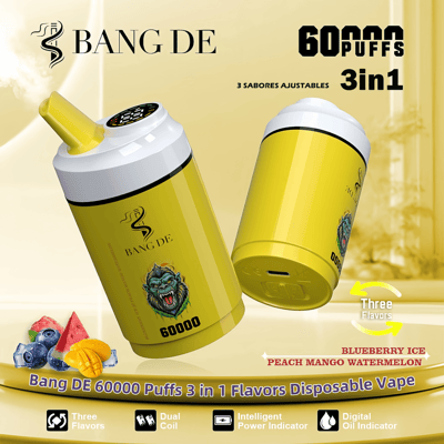 Promotional image of Bang DE 60000 Puffs 3in1 disposable vape, featuring a yellow vape with dual coil, intelligent power indicator, digital oil indicator, and adjustable flavors: blueberry ice, peach mango, and watermelon.