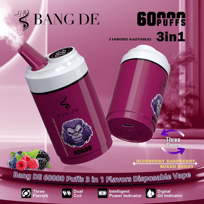 Promotional image of the Bang DE 60000 Puffs 3-in-1 disposable vape featuring three adjustable flavors: blueberry, raspberry, and mixed berry, with dual coil technology and intelligent power indicator.