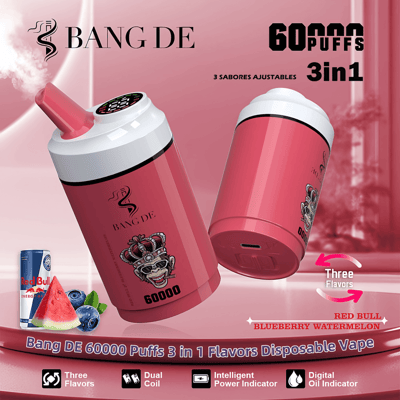 Promotional image for Bang DE vape featuring a cylindrical device with red color scheme, highlighting adjustable flavors (Red Bull, Blueberry, Watermelon) and 60,000 puffs capacity, dual coil system, digital indicators, and a modern design.
