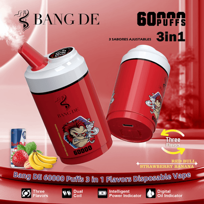Promotional image for Bang DE disposable vape features a red device with 60000 puffs, offering three flavors including Red Bull, strawberry, and banana, alongside dual coil and digital oil indicator icons.