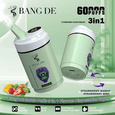 Promotional image for Bang DE 60000 Puffs disposable vape featuring its green design and logo, emphasizing its 3-in-1 adjustable flavors, strawberry mango and strawberry kiwi, with features like dual coil and digital indicators on a green background with fruit illustrations.