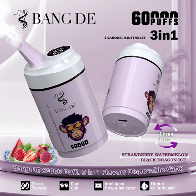 Promotional image of Bang DE disposable vape featuring 60000 puffs, three flavors including strawberry, watermelon, and black dragon ice, with visual elements like the brand logo, flavor icons, and a cartoon monkey face on the device.