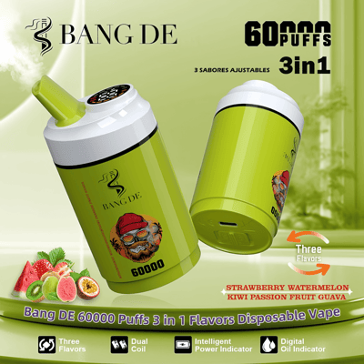 Promotional image of the Bang DE disposable vape featuring a green design, offering 60,000 puffs with three adjustable flavors: strawberry watermelon, kiwi passion fruit, and guava, and showcasing features such as dual coil and digital indicators.