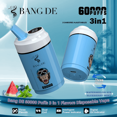 Promotional image for Bang DE 60000 Puffs 3-in-1 disposable vape featuring dual coil, intelligent power indicator, and three adjustable flavors including watermelon ice and blueberry mint.