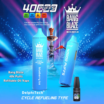 Promotional image for Bang Blaze Shisha vaping product, featuring a blue vape pen labeled 'blueberry ice' and '40000 puffs' with a hookah in the background, emphasizing rechargeable and refillable capabilities.