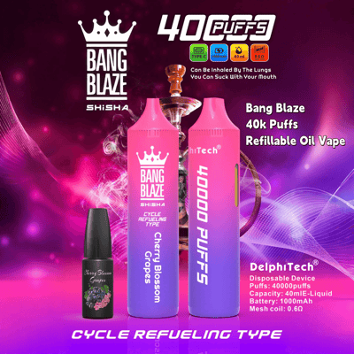 Promotional image for Bang Blaze Shisha vape featuring a pink and purple disposable device with 40,000 puffs labeled 'Cherry Blossom Grapes,' and a small bottle of cherry blossom grape flavor oil, set against a vibrant pink and purple background with product specifications.