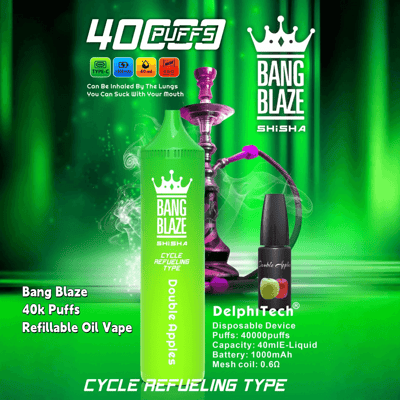 Promotional image featuring a Bang Blaze Shisha double apple vape pen in green, advertising 40,000 puffs with cycle refueling, alongside a DelphTech disposable device detailing specifications like 40ml e-liquid capacity and 1000mAh battery, set against a vibrant green background with a traditional hookah and fruit imagery.