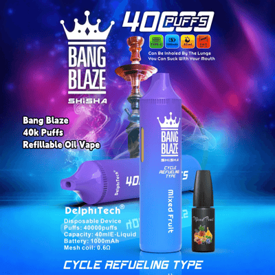 Promotional image of Bang Blaze Shisha Vape featuring a purple device labeled 'Cycle Refueling Type,' offering 40,000 puffs, with specifications including a 1000mAh battery and 0.6Ω mesh coil, and an accompanying bottle labeled 'Mixed Fruit.'