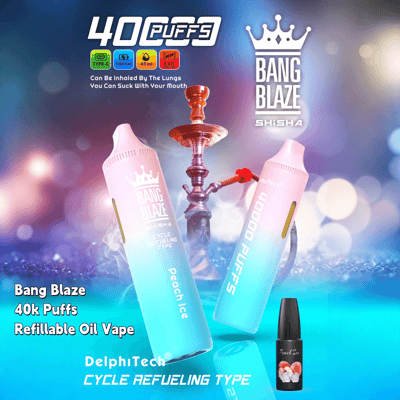 Advertisement for Bang Blaze Peach Ice vape featuring two large refillable oil vape devices, a hookah, and e-liquid in bright blue and pink tones with the text '40k Puffs, Cycle Refueling Type' highlighting its specifications.