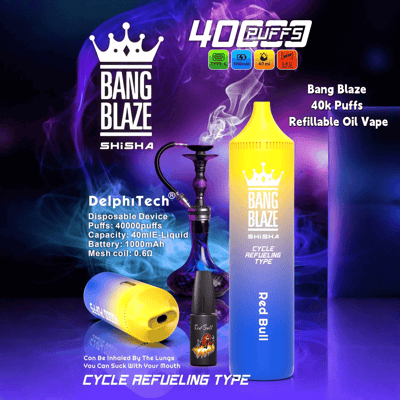 Promotional image for Bang Blaze Shisha showcasing a yellow and blue refillable oil vape device, labeled for 40,000 puffs and featuring 'Red Bull' flavor with highlights on its specifications like a 1000mAh battery and 0.6Ω mesh coil, against a vibrant smoky backdrop.