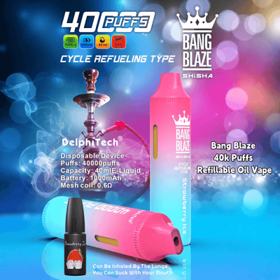 Promotional image for Bang Blaze, a refillable oil vape offering 40,000 puffs with 40ml e-liquid capacity and 1000mAh battery, featuring a background design of colorful bokeh lights and a hookah silhouette.