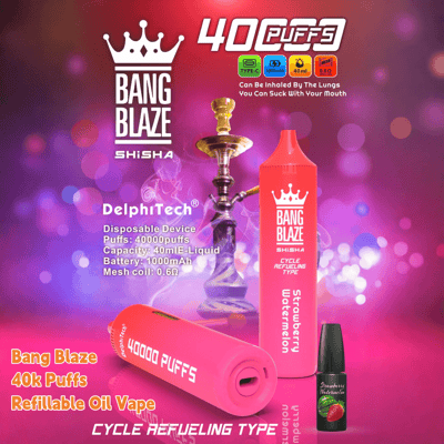 Promotional image for Bang Blaze Shisha vape featuring a red disposable device capable of 40,000 puffs, with strawberry watermelon flavor and accompanied by a small oil refill bottle, against a blurred purple background with bokeh lights.