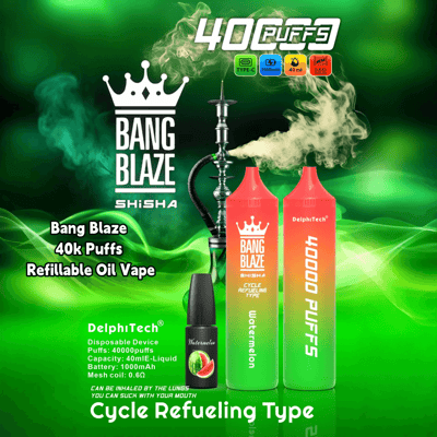 Advertisement for Bang Blaze shisha featuring a 40,000 puffs refillable oil vape in watermelon flavor, with specifications including Type-C charging, 1000mAh battery, 40ml e-liquid capacity, and 0.6Ω mesh coil, set against a green background with smoke effects.
