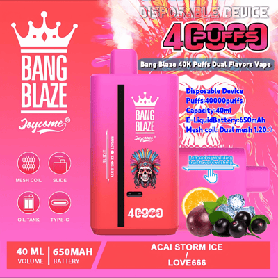 Colorful advertisement for the Bang Blaze Joycome disposable vape, showcasing a purple and pink device with features like 40ml e-liquid capacity, 650mAh battery, 40,000 puffs, and dual flavor options highlighting 'Acai Storm Ice' with fruit images and iconographic features.