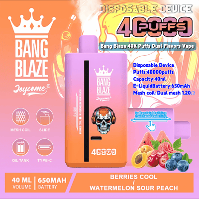 Promotional image of the Bang Blaze disposable vape device featuring dual fruit flavors, 40ML capacity, 40,000 puffs, and a 650mAh battery, with branded vibrant design including a skull illustration and flavor-switching mechanism.