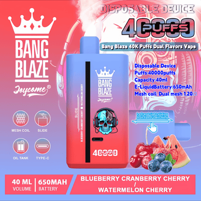 Promotional poster for the Bang Blaze 40000 Puffs disposable vape featuring a colorful dual-flavor design and product specifications including a 40ml e-liquid tank and 650mAh battery.