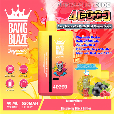 Promotional advertisement for the Bang Blaze 40K Puffs Dual Flavors Vape featuring a vibrant design with a yellow and red colored device and illustrated flavor graphics, highlighting its specifications such as 40ml capacity, 650mAh battery, and dual mesh coil with a 1.2Ω resistance.