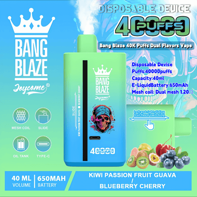 Advertisement for the Bang Blaze 40,000 puffs disposable vape device featuring dual flavors, specifications such as a 650mAh battery and 40ml capacity, and showing flavor options of kiwi, passion fruit guava, blueberry, and cherry.