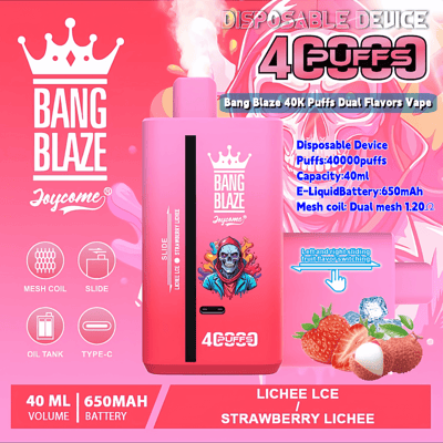Promotional image of the Bang Blaze disposable vaping device, highlighting features such as 40,000 puffs, dual flavors (lichee ice and strawberry lichee), 40ml capacity, 650mAh battery, and dual mesh coil design, displayed on a vibrant background with illustrative icons and product details.