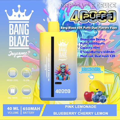 Promotional graphic for Bang Blaze disposable vape device featuring dual flavors pink lemonade and blueberry cherry lemon, with product details such as 40 ml e-liquid capacity, 650 mAh battery, and 40,000 puffs durability, set against a colorful artistic backdrop.