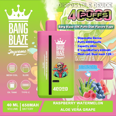 Promotional image for Bang Blaze disposable vape device featuring dual flavors, Raspberry Watermelon and Aloe Vera Grape, with specifications: 40ml volume, 40,000 puffs, 650mAh battery, dual mesh coil 1.20Ω, and sliding flavor switch, against a colorful background.