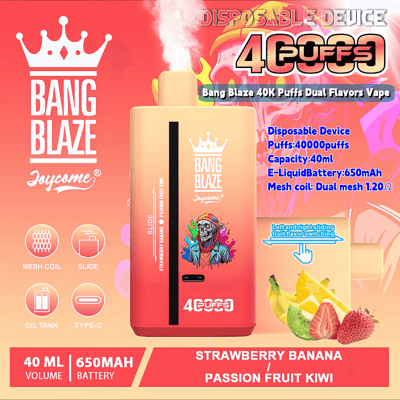 Promotional image for the Bang Blaze disposable vape featuring a colorful device with a 650mAh battery, 40ml liquid capacity, dual flavors (Strawberry Banana and Passion Fruit Kiwi), producing up to 40,000 puffs, with mesh coil technology and sliding flavor switching.