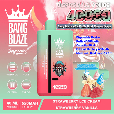 Colorful product advertisement for Bang Blaze's disposable vape offering 40,000 puffs with strawberry ice cream and vanilla flavors.