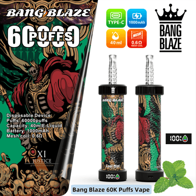 Image promotionnelle pour Bang Blaze 60K Puffs Vape, présentant deux appareils de vapotage avec des illustrations et des spécifications ornées, notamment 60 000 bouffées, une capacité d'e-liquide de 40 ml, une batterie de 1 000 mAh, une bobine en maille de 0,6 Ω et une saveur Cool Mint, ainsi que des icônes pour la compatibilité de charge de type C.