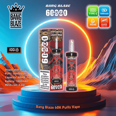Image promotionnelle de la vape jetable Bang Blaze 60K Puffs avec une saveur de menthe cerise, avec des spécifications comprenant 60 000 bouffées, une capacité d'e-liquide de 40 ml, une batterie de 1 000 mAh et une bobine en maille de 0,6 Ω, sur un fond futuriste coloré.