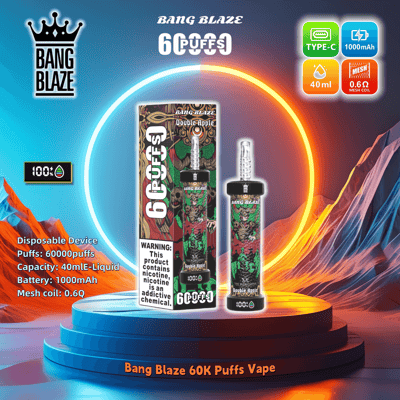 Publicité pour la vape Bang Blaze 60K Puffs présentant une vape jetable au goût de pomme double, 60 000 bouffées, une capacité de e-liquide de 40 ml, une batterie de 1 000 mAh et une bobine en maille de 0,6 Ω, avec un avertissement sur la teneur en nicotine.