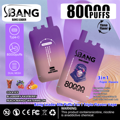 Grafica promozionale per il dispositivo di svapo usa e getta 'S.BANG Bang Leader' con 80.000 tiri, tre gusti (Cola Ice, Blueberry Raspberry, Peach Mango Watermelon), ricarica Type-C, doppia bobina a rete, batteria da 850 mAh e capacità di e-liquid di 78 ml.