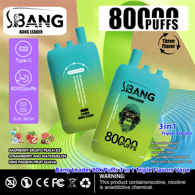 Pubblicità per il vaporizzatore S.Bang Bang Leader, che mette in evidenza 80.000 tiri, tre aromi e mesh a doppio aroma, visualizzato con immagini del dispositivo in vivaci colori verde e blu.