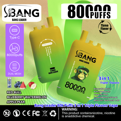 Immagine promozionale per il dispositivo di svapo usa e getta 3 in 1 Bang Leader 80000 Puffs che mostra caratteristiche quali ricarica Type-C, doppia bobina a rete e tre tripli gusti: Red Bull, Blueberry Watermelon e Apple Pear.