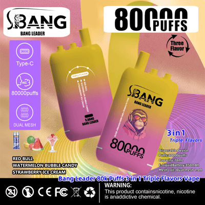 Grafica promozionale che presenta la sigaretta elettronica usa e getta Bang Leader 80k Puffs con caratteristiche quali tripli aromi, ricarica USB-C e capacità di 80.000 tiri; al gusto di Red Bull, Watermelon Bubble Candy e Strawberry Ice Cream.