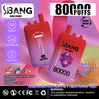 Pubblicità promozionale per il dispositivo per svapare Bang Leader, che ne evidenzia caratteristiche quali 80.000 tiri, tre gusti (fragola e anguria, ghiaccio all'uva e caramella arcobaleno) e compatibilità con la tecnologia ricaricabile USB-C.
