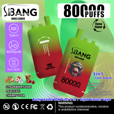 Banner pubblicitario per la sigaretta elettronica usa e getta Bang Leader con 80.000 tiri, tre gusti (fragola e kiwi, pesca e ghiaccio, ciliegia e cola), compatibilità con caricabatterie di tipo C, design a doppia rete e avvertenza sulla nicotina.