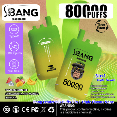 Un'immagine promozionale per il dispositivo di svapo S. Bang Bang Leader, che pubblicizza caratteristiche come 80.000 tiri, tre gusti (anguria ghiacciata, fragola con mango, banana), ricarica tramite porta USB Type-C e tecnologia Dual Mesh. Include una palette di colori verde brillante e viola con foto del prodotto e varie icone.