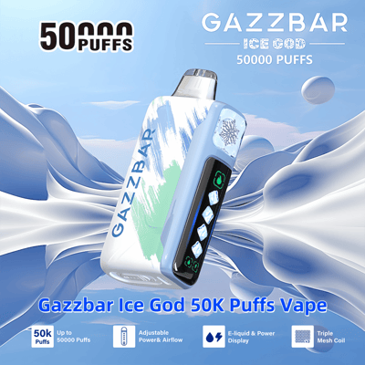 Advertisement for Gazzbar Ice God vape featuring a blue and white device with 50,000 puffs capability, adjustable power and airflow, e-liquid display, and triple mesh coil, set against an abstract icy background.