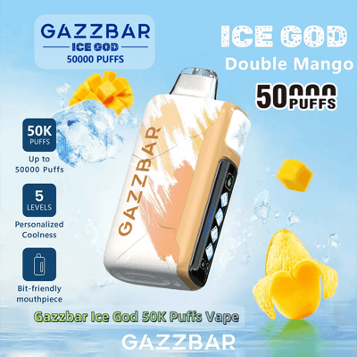 Promotional image of the GAZZBAR Ice God vape in double mango flavor, featuring 50,000 puffs, adjustable levels, and bit-friendly mouthpiece with mango slices and ice cubes in the background.