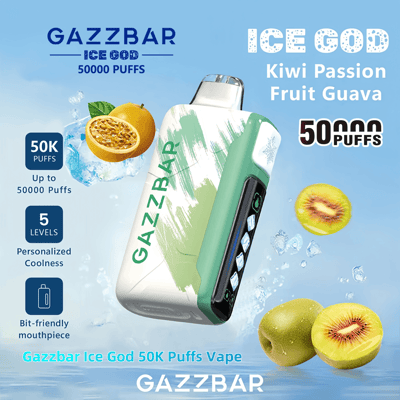 Advertisement for Gazzbar Ice God 50K Puffs Vape featuring a sleek device with a green and white design, surrounded by images of kiwi, passion fruit, and guava, highlighting features like 50,000 puffs, five levels of personalized coolness, and a bit-friendly mouthpiece.