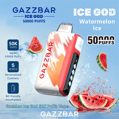 Advertisement for Gazzbar Ice God 50K Puffs Vape featuring a colorful vape device surrounded by splashes of water and pieces of watermelon, highlighting features like 50,000 puffs and personalized cooling levels.
