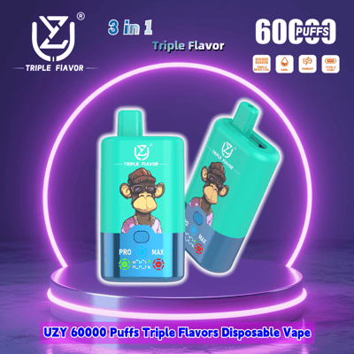 Promotional image of the UZY 60000 Puffs Triple Flavors Disposable Vape featuring two devices with a vibrant turquoise and blue design and a chimpanzee cartoon graphic, highlighted by a neon purple circular background.