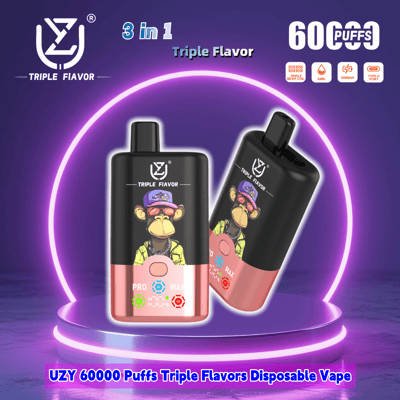 Promotional image featuring the UZY Triple Flavor disposable vape with 60,000 puffs capacity, depicted on a glowing purple circular stage with product details about flavors and features.
