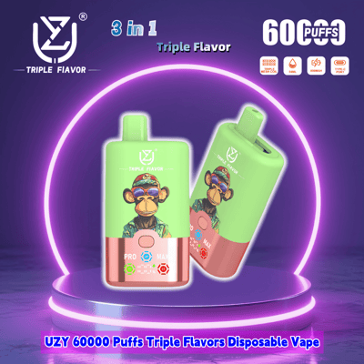A promotional image of the UZY 60000 Puffs Triple Flavors Disposable Vape featuring vibrant packaging showing a sunglasses-wearing monkey illustration, set against a purple background with neon circular accents.