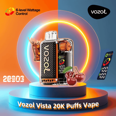 Eine Werbung für den Vozol Vista 20K Puffs Vape, die seine 6-stufige Wattsteuerung vorführt und ein stilvolles Vape-Gerät mit Kirsch- und Cola-Geschmacksthema vor einem Hintergrund aus leuchtenden Farben und leuchtenden Ringen zeigt.