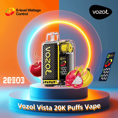 Der Vozol Vista 20K Puffs Vape wird mit hellen Neongrafiken dargestellt und besteht aus einem schwarzen Gerät mit gelben Akzenten und digitaler Anzeige, umgeben von Fruchtbildern und Text, der die 6-stufige Wattsteuerung hervorhebt.