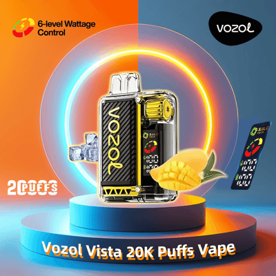 Werbebild für Vozol Vista 20K Puffs Vape mit einem transparenten Gerät mit 6-stufiger Wattregelung, umgeben von Neonkreisen, einer Mango und dem Text „20.000 Puffs“.