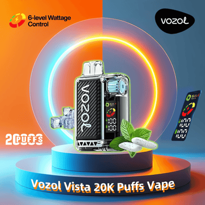 Werbebild des Vozol Vista 20K Puffs Vape mit seiner 6-stufigen Wattregelung vor einem kreisförmigen Hintergrund mit orange-blauem Farbverlauf, mit Symbolen von Minzblättern, Eiswürfeln und einem Leiterplattendesign, das die Kühl- und SILC-Tech-Funktionen hervorhebt.