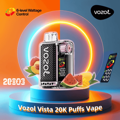 Werbebild des Vozol Vista 20K Puffs Vape mit 6-stufiger Wattregelung, leuchtend orangefarbenem und blauem Hintergrund, Fruchtgrafiken und deutlich sichtbarem Vape-Gerät.