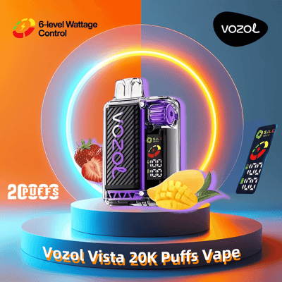 Werbebild für Vozol Vista 20K Puffs Vape mit einem farbenfrohen Vape-Gerät mit 6-stufiger Wattregelung, einer digitalen Anzeige und abgebildeten Erdbeer- und Mango-Aromen.